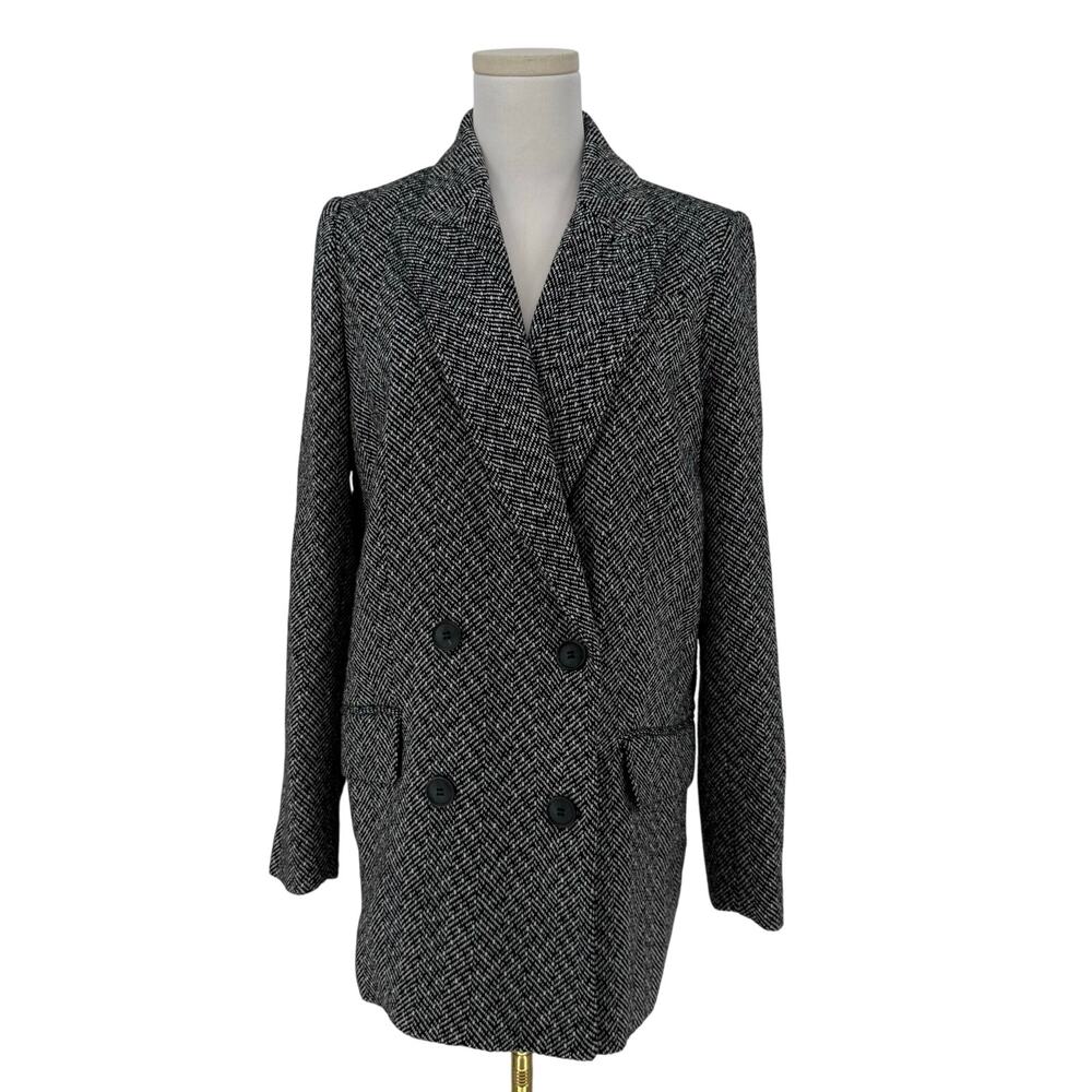 H&M Herringbone Tweed Boyfriend Blazer Women’s M Black White Wool Blend